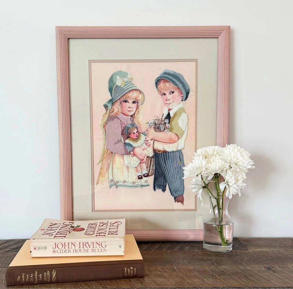 Vintage Framed Crewelwork Art in Soft Pink Frame