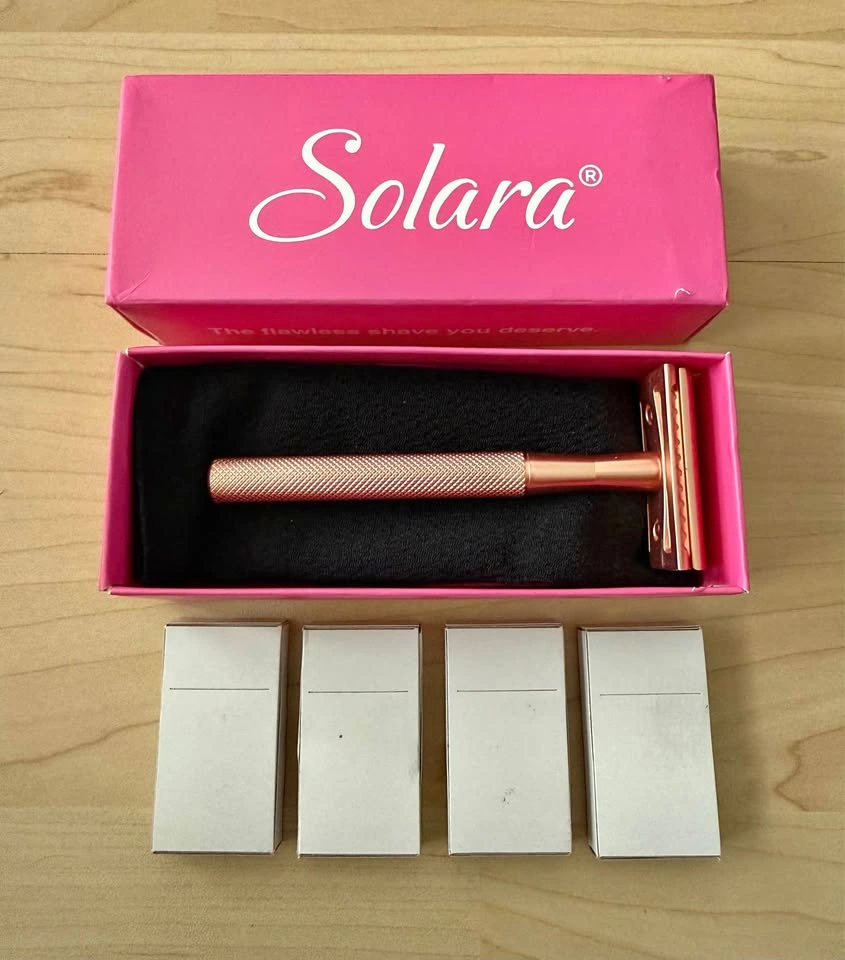 Brand New Solara Rose Gold Double Edge Safety Razor + 4 Blade Pa