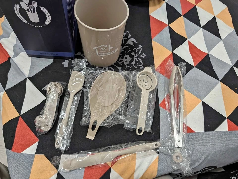 7-Piece Beige Kitchenware & Baking Set w/ Utensil Holder