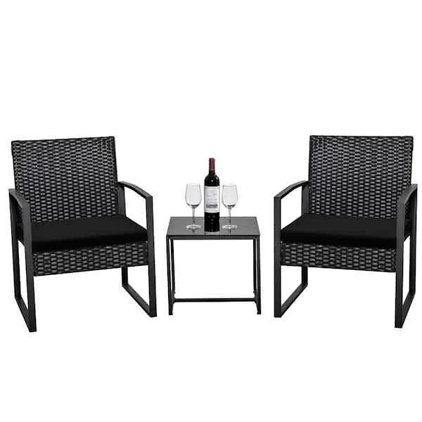 3-Piece Outdoor Wicker Bistro Set with Glass Top Table