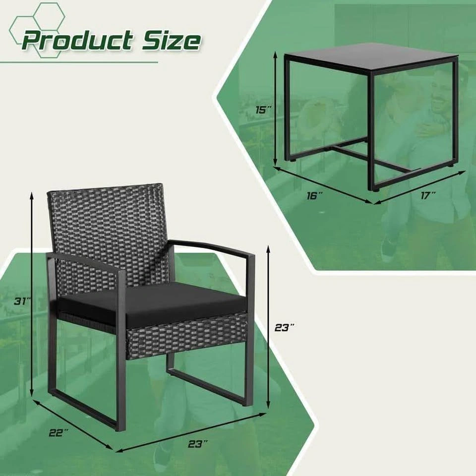 3-Piece Outdoor Wicker Bistro Set with Glass Top Table - photo 2