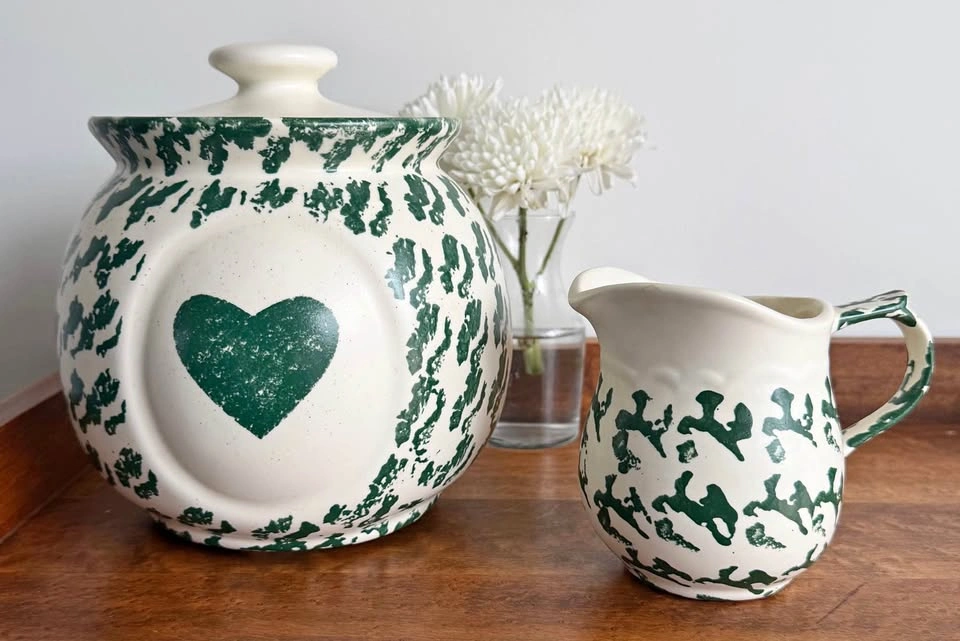 Farmhouse Spongeware Pitcher and Jar Set – Green and Cream
