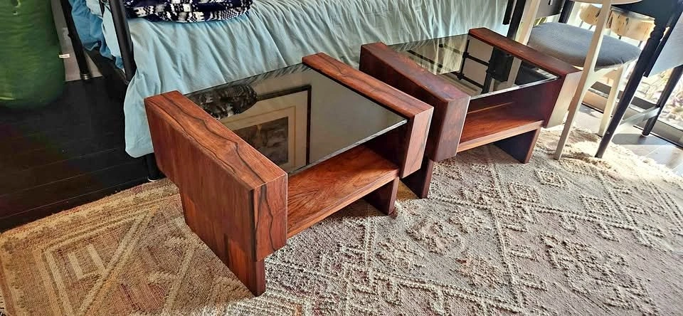 Vintage MCM Rosewood & Smoked Glass Side Tables
