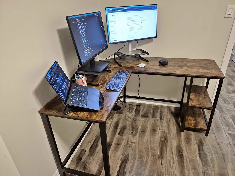 Large L-Shaped Industrial Computer Desk with Shelves