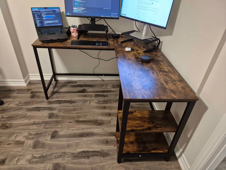 Large L-Shaped Industrial Computer Desk with Shelves - photo 2