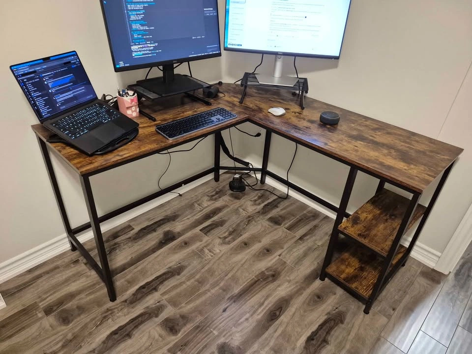 Large L-Shaped Industrial Computer Desk with Shelves - photo 3