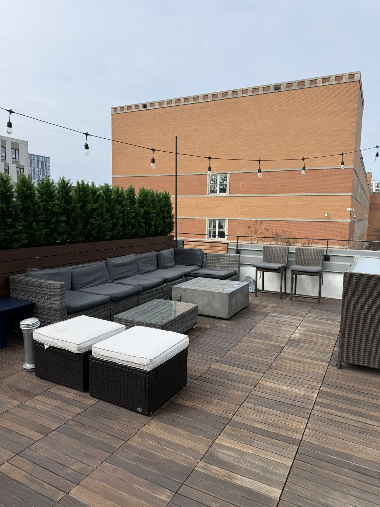 Luxury Patio Set: 6pc Sectional, Chaise Lounger, Bar, Fire Pit,