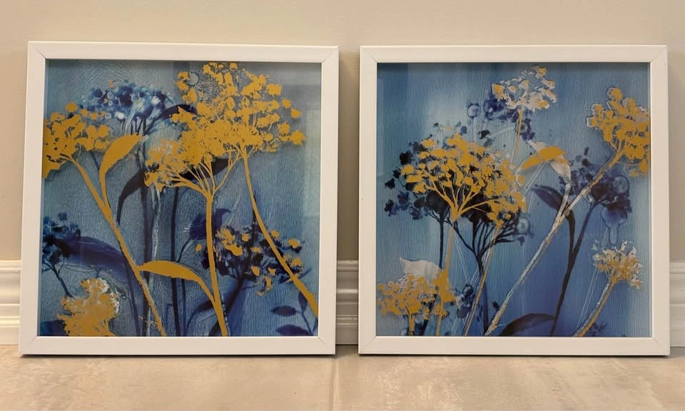 Pretty Blue/Gold 3D Flower Wall Art in White Frame