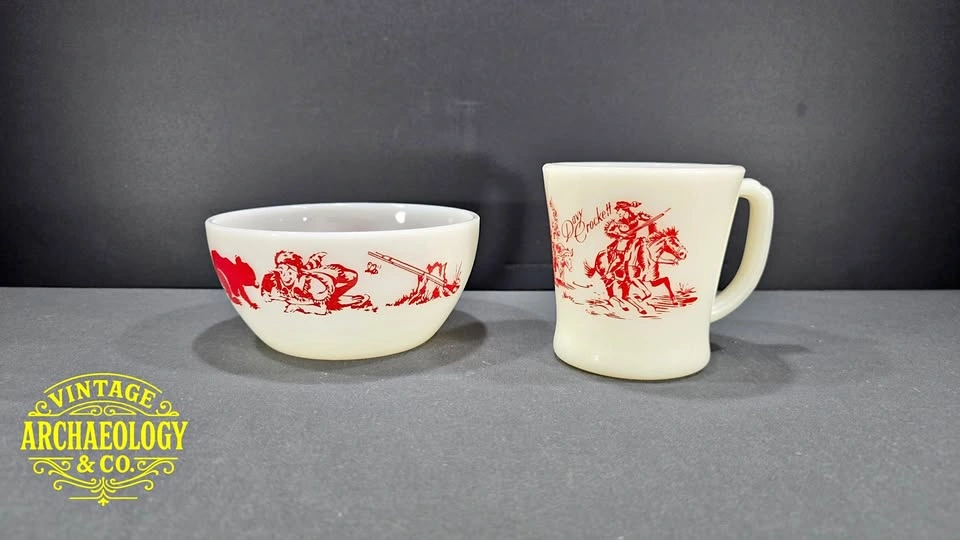 Davy Crockett Fire-King Milk Glass Bowl and Mug Set