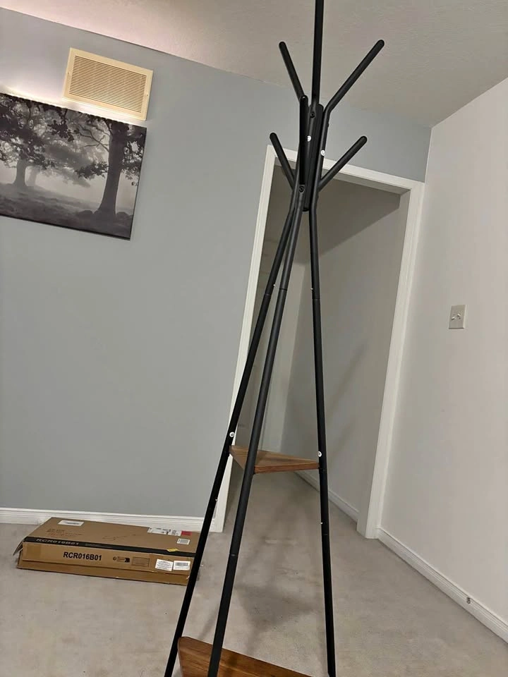 Modern Tripod Coat Rack w/ 2 Wood Shelves - Black Metal