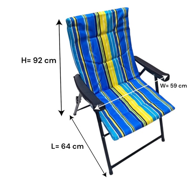 2 Folding Adjustable Chairs with Blue Yellow Striped Cushions