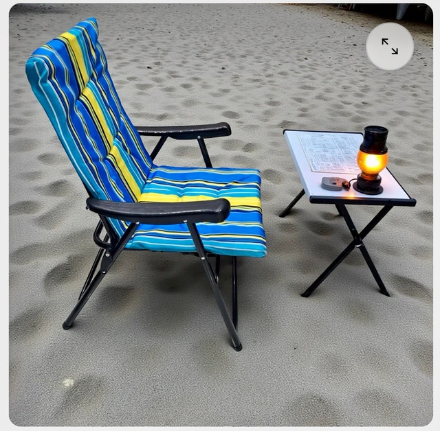 2 Folding Adjustable Chairs with Blue Yellow Striped Cushions - photo 3