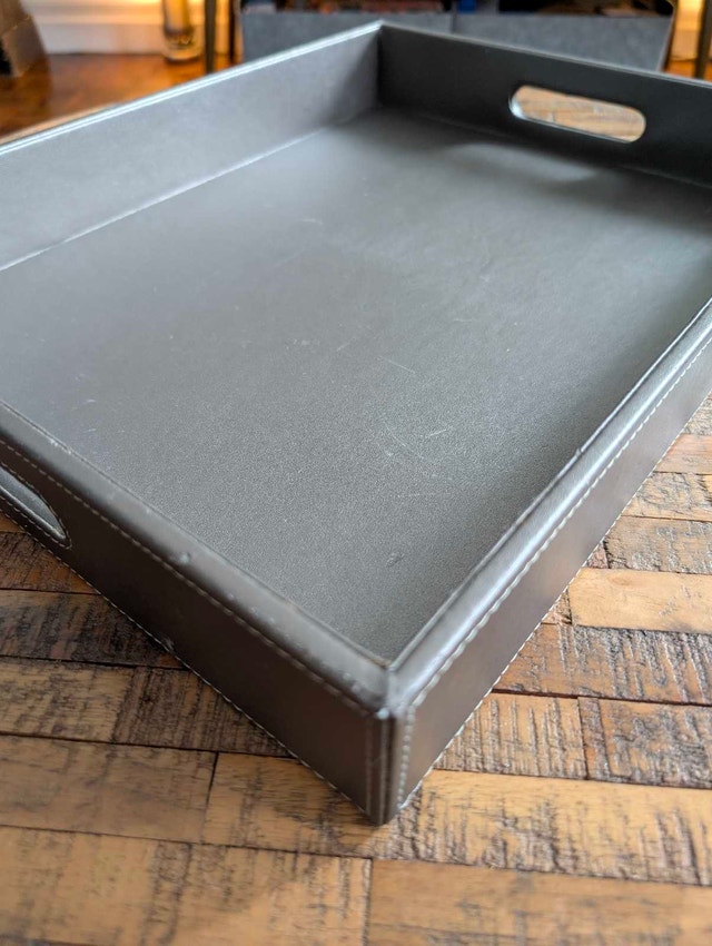 Grey Faux Leather Serving Ottoman Tray - photo 2