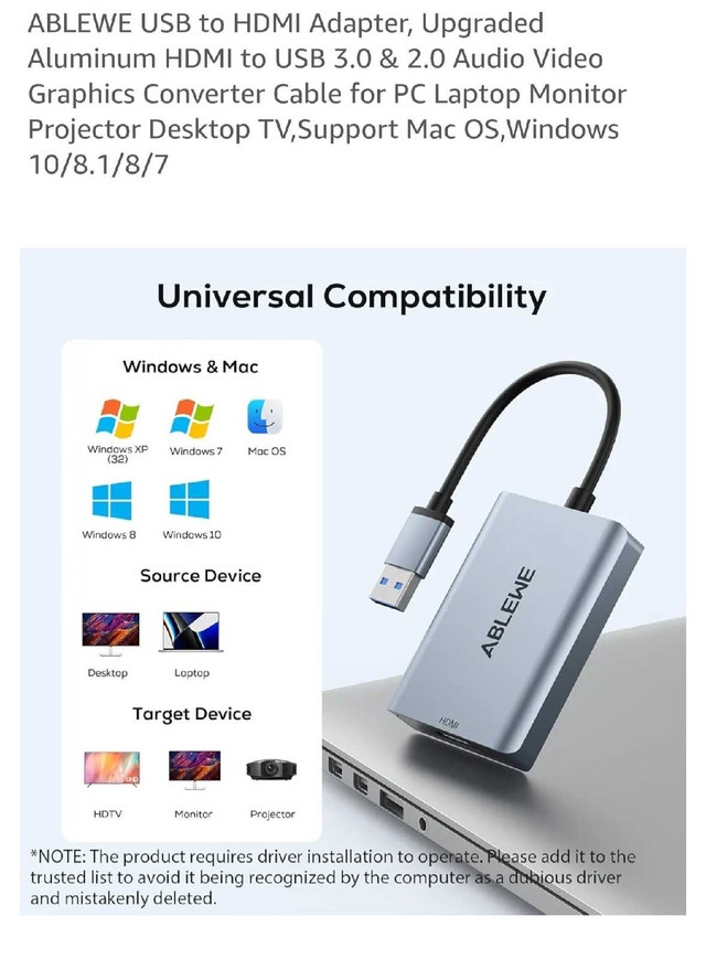 ABLEWE USB to HDMI Adapter, Upgraded Aluminum HDMI to USB 3.0 - photo 3