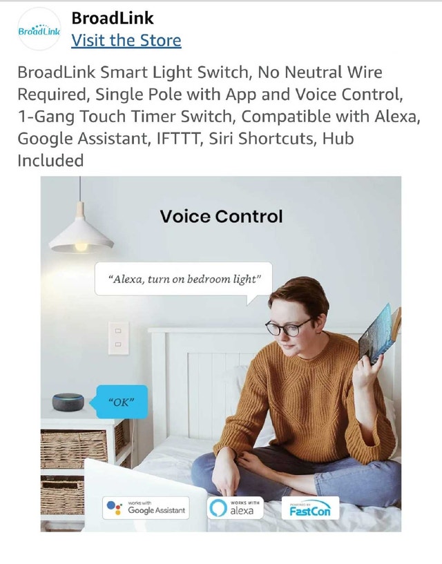 BroadLink Smart Light Switch, No Neutral Wire Required, Single - photo 2
