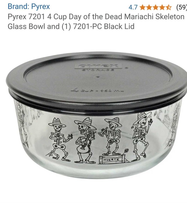 Pyrex Day of the Dead Mariachi Skeleton Glass Bowl w/ Lid