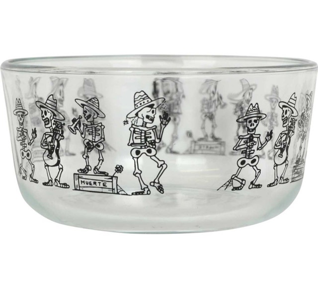 Pyrex Day of the Dead Mariachi Skeleton Glass Bowl w/ Lid - photo 3