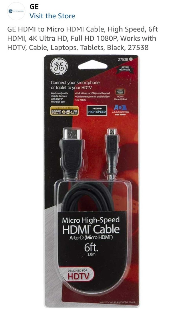 GE HDMI to Micro HDMI Type D Cables - 6ft, 4K Ultra High Speed