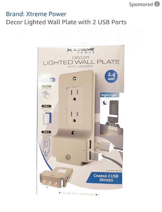 Xtreme Power Decor Lighted Wall Plate with 2 USB Ports