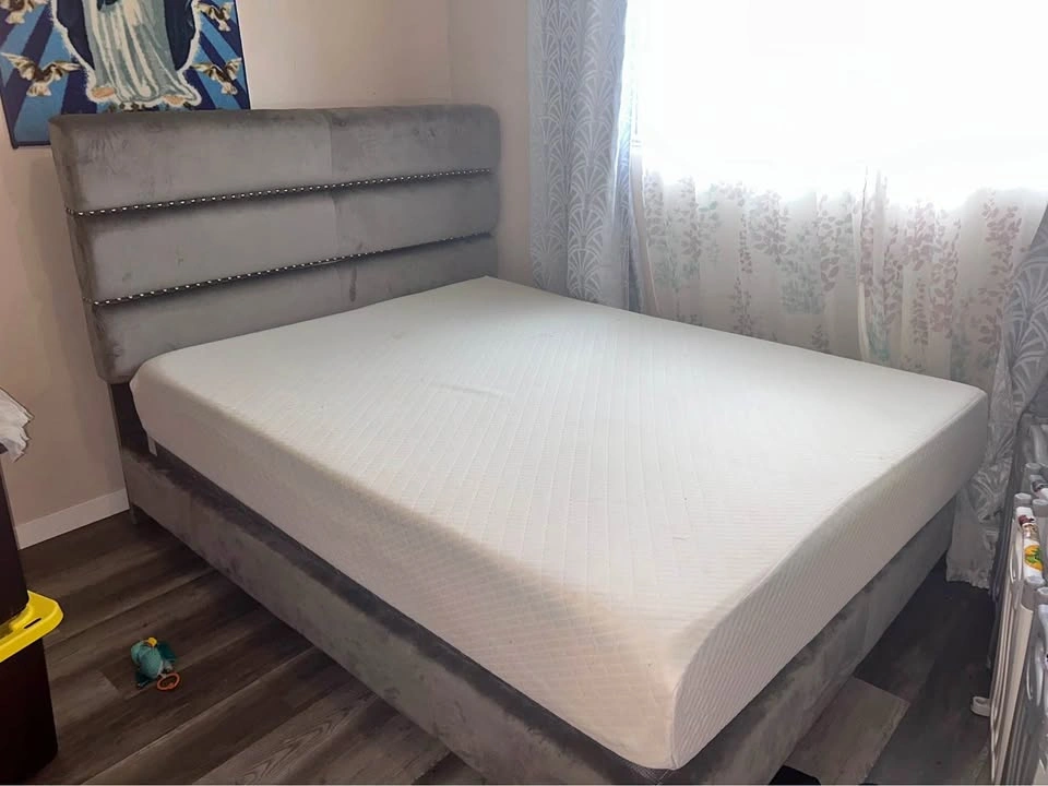 Grey Velvet Studded Bed Frame with 10" Firm Memory Foam Mattress