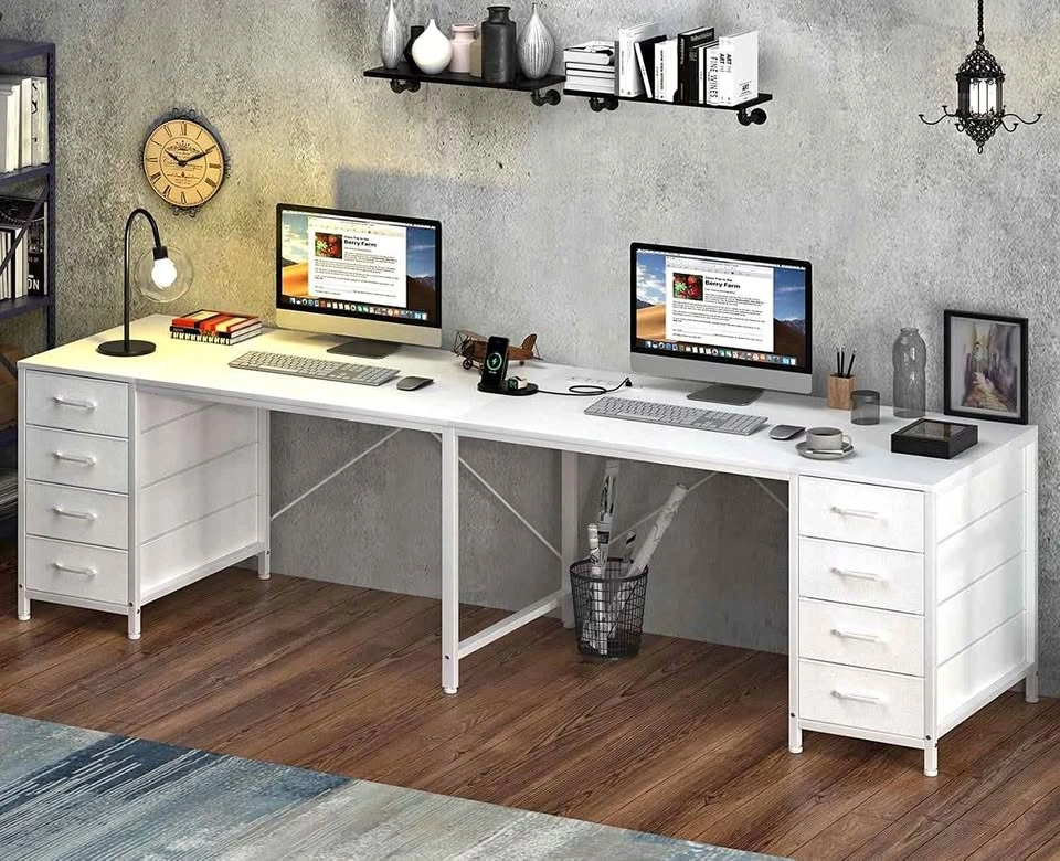 94.5" Double Computer Desk w/ 8 Drawers & Power Outlets - White