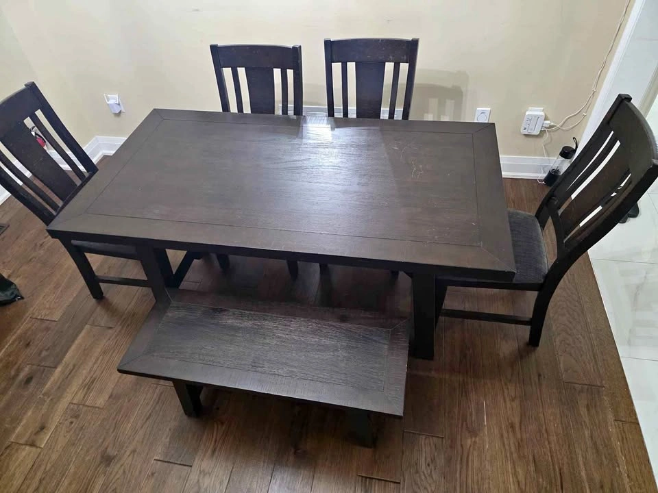Dark Wood Dining Table Set w/ 4 Chairs & Bench (Seats 6)
