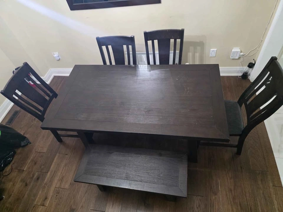 Dark Wood Dining Table Set w/ 4 Chairs & Bench (Seats 6) - photo 2
