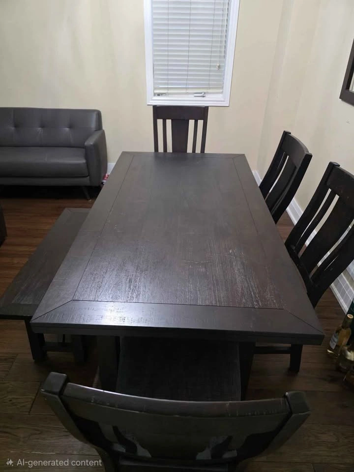 Dark Wood Dining Table Set w/ 4 Chairs & Bench (Seats 6) - photo 5