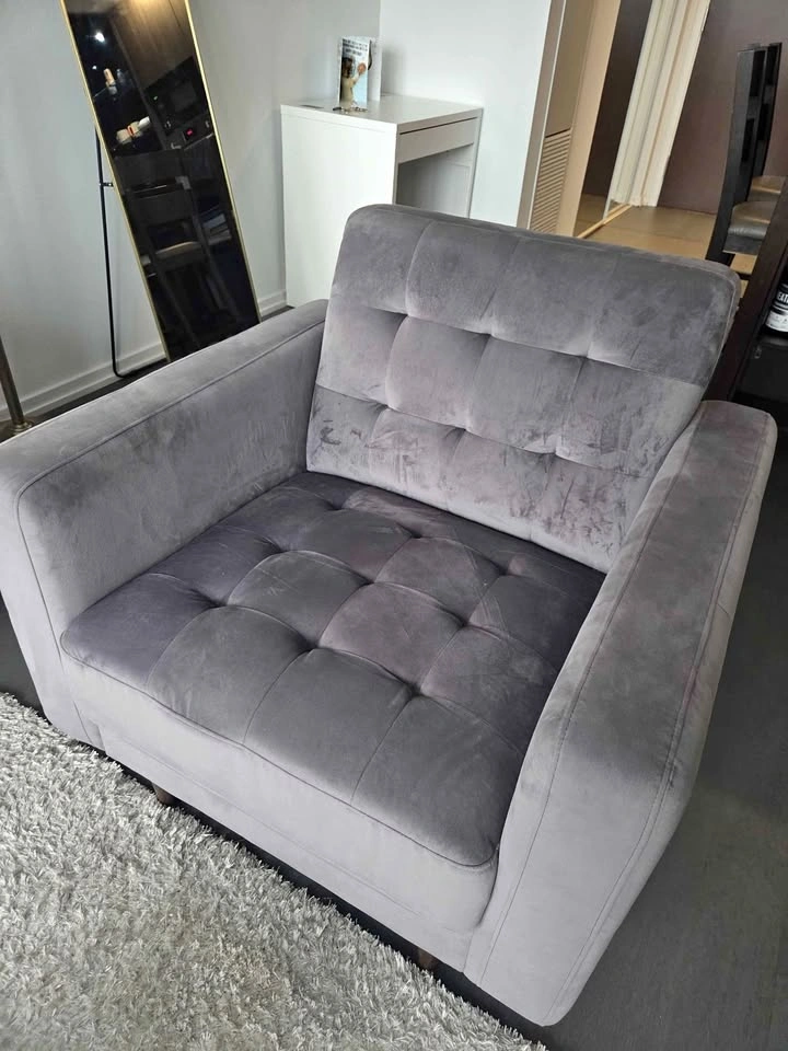 Tufted Grey Velvet Armchair - Mid-Century Modern Style