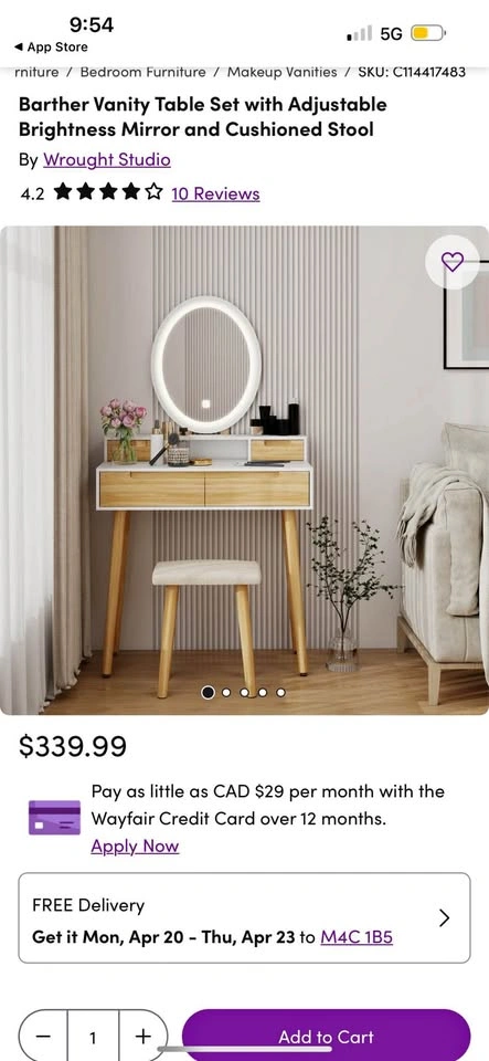 Modern Makeup Vanity with LED Mirror + Stool – $250