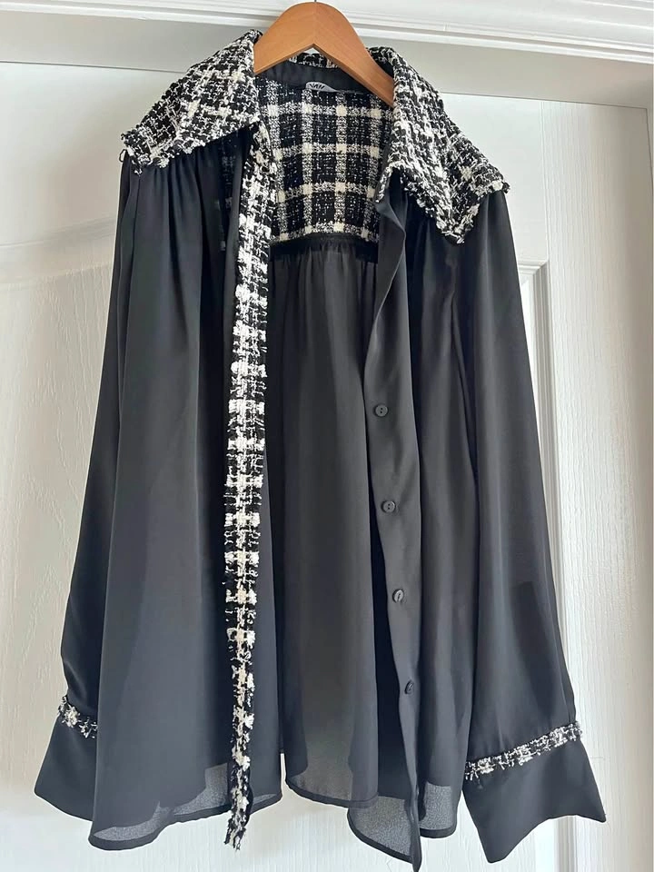 Zara Black & White Tweed Detail Blouse