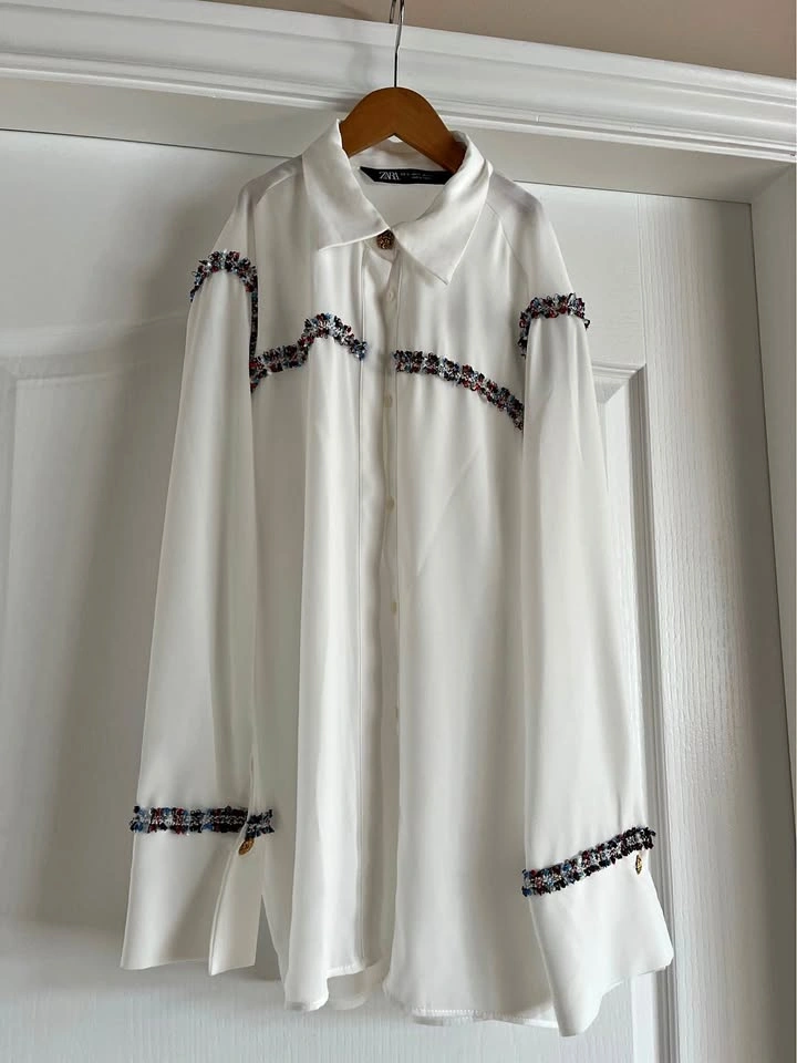 Zara White Embellished Button-Up Shirt