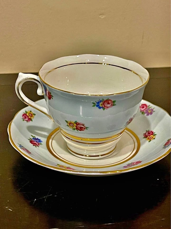 Colclough Cup and Saucer Bone China Light Blue Scallop Rim Engla
