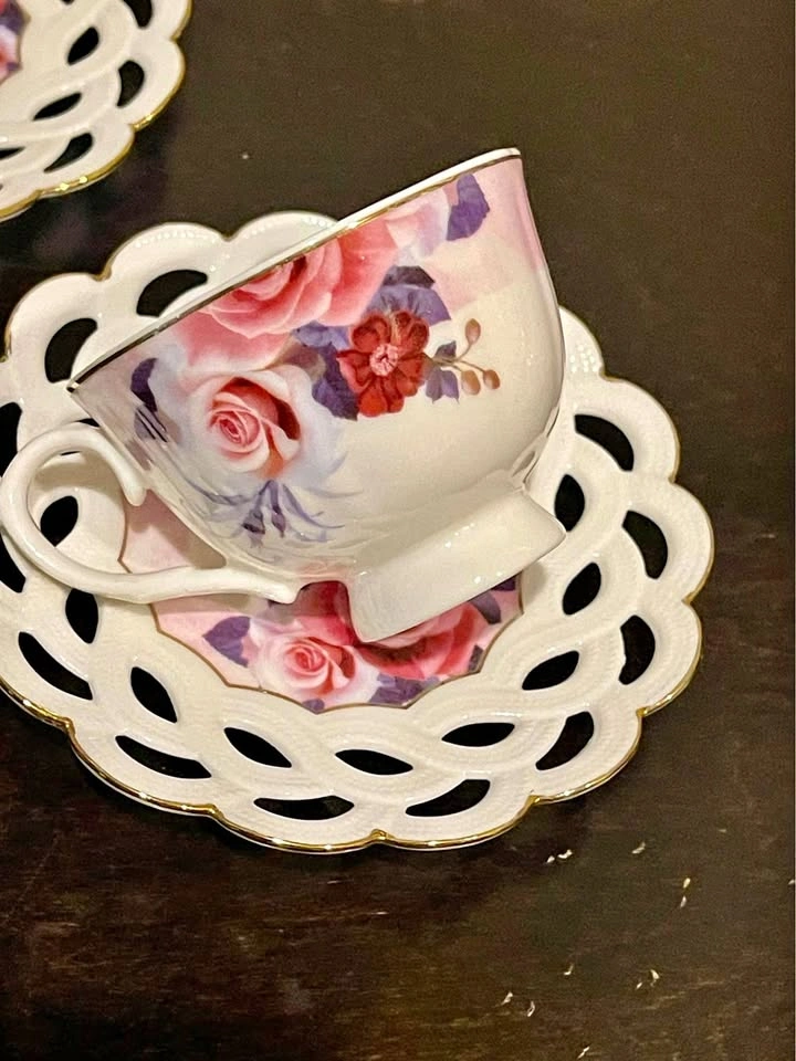 Porcelain Verdici Coffee Cup Espresso Set - Pink Rose & Blue Lea
