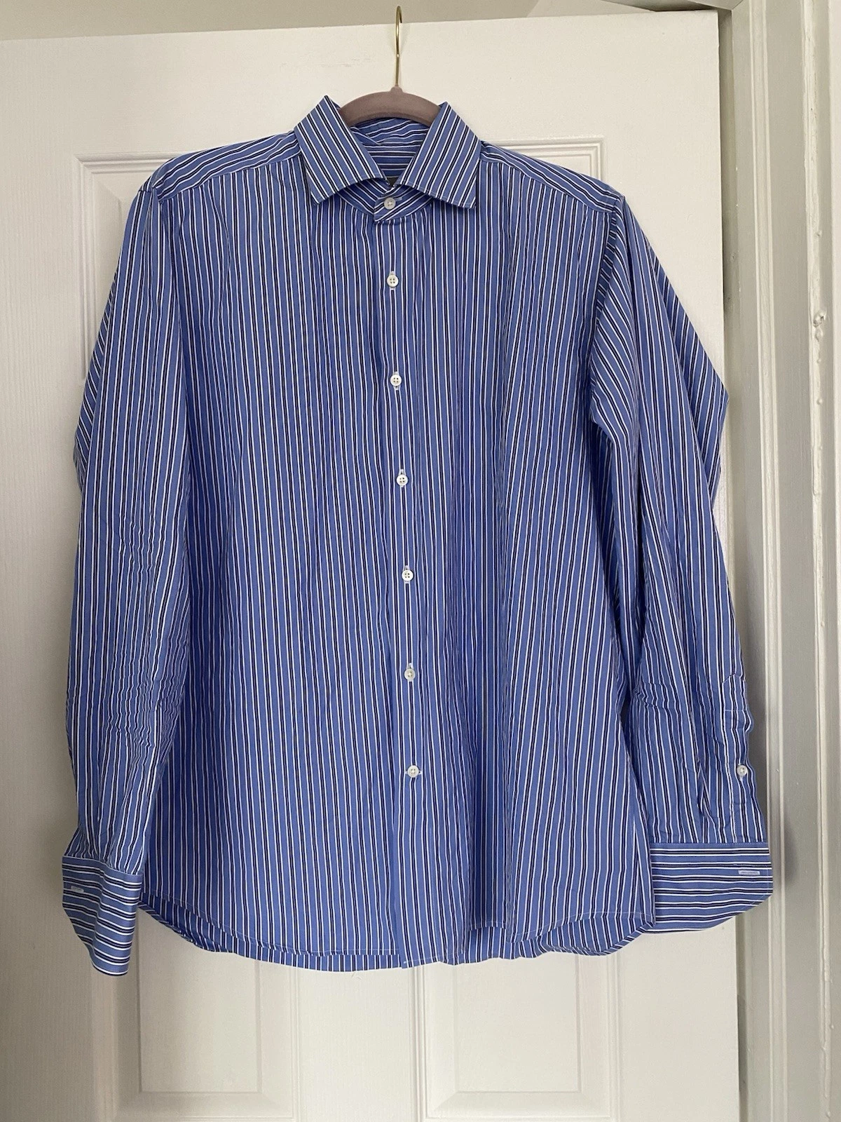 Canali Italy Dress Shirt Blue White Stripe Sz 16-41 Cotton