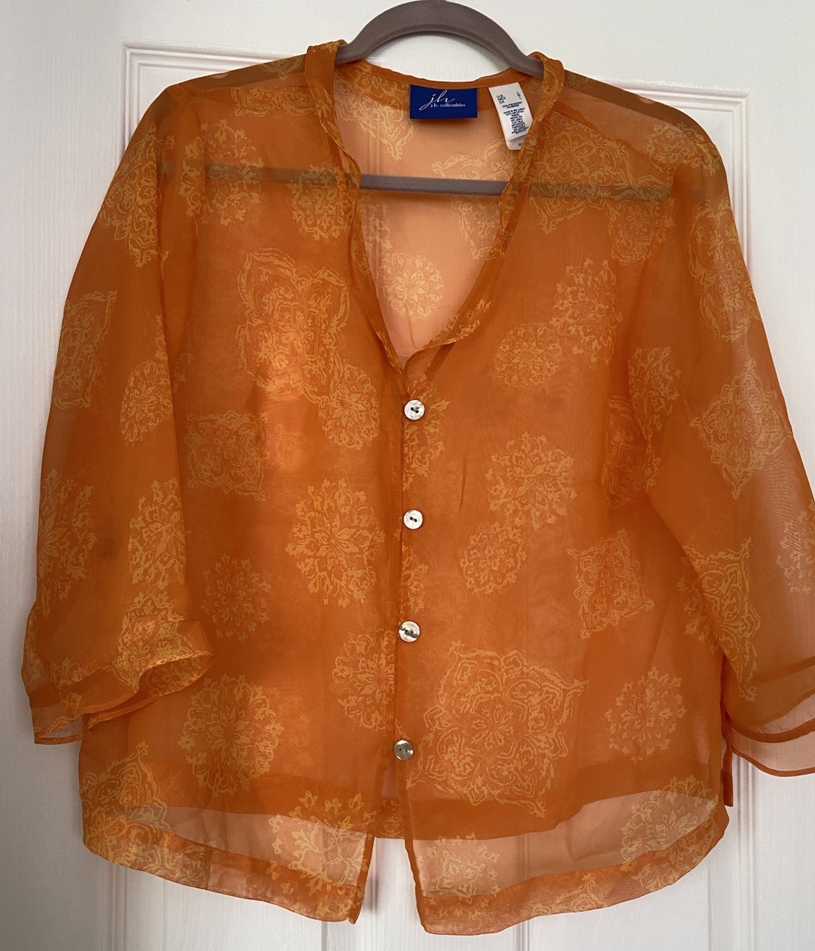 JH Collectibles Blouse Button Up Sheer Orange Size L 3/4 Slv Lig