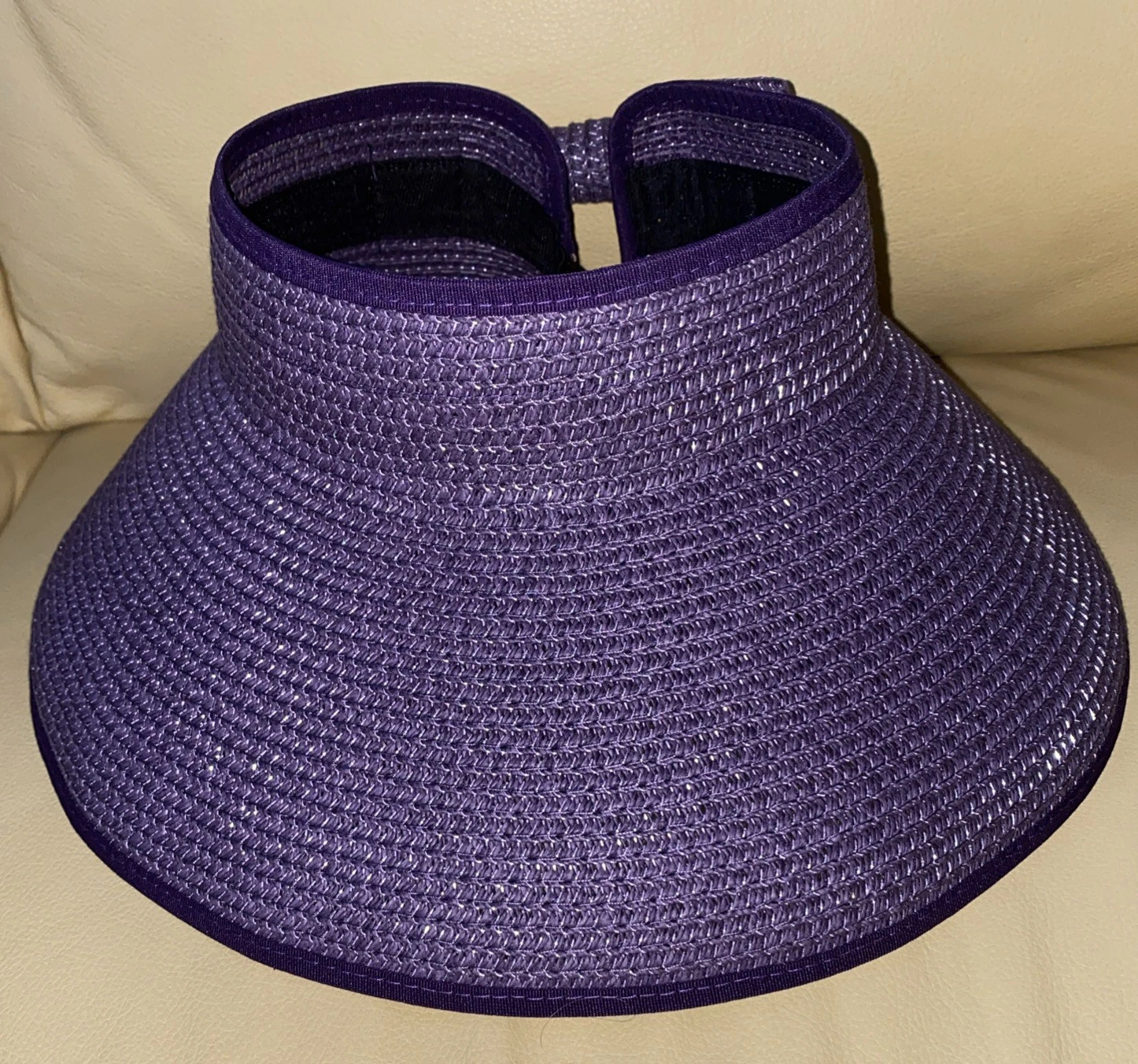 Women's Wide Brim Straw Visor Hat with Bow - Purple