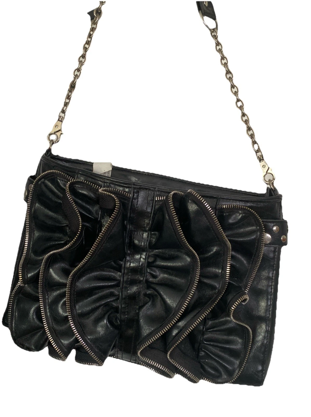 Zipper Themed Black Pattern Leather Purse BoHo Stylish Chain Sma