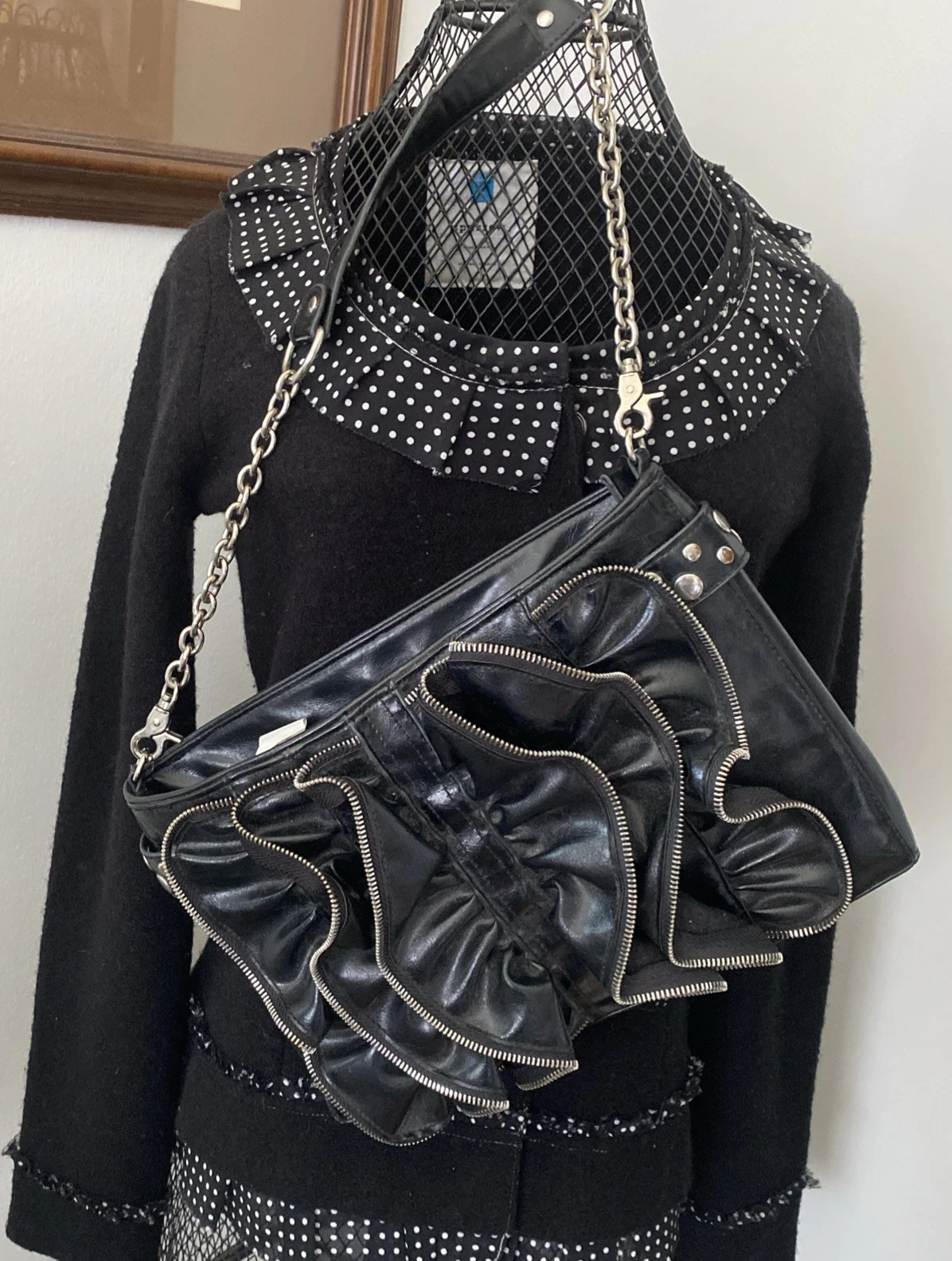 Zipper Themed Black Pattern Leather Purse BoHo Stylish Chain Sma - photo 3
