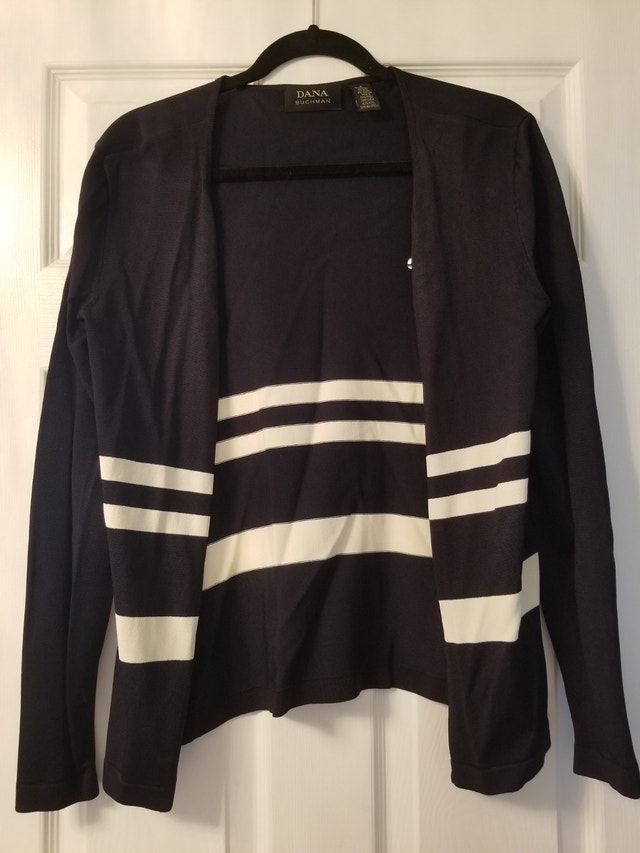 Navy and white striped open-front cardigan