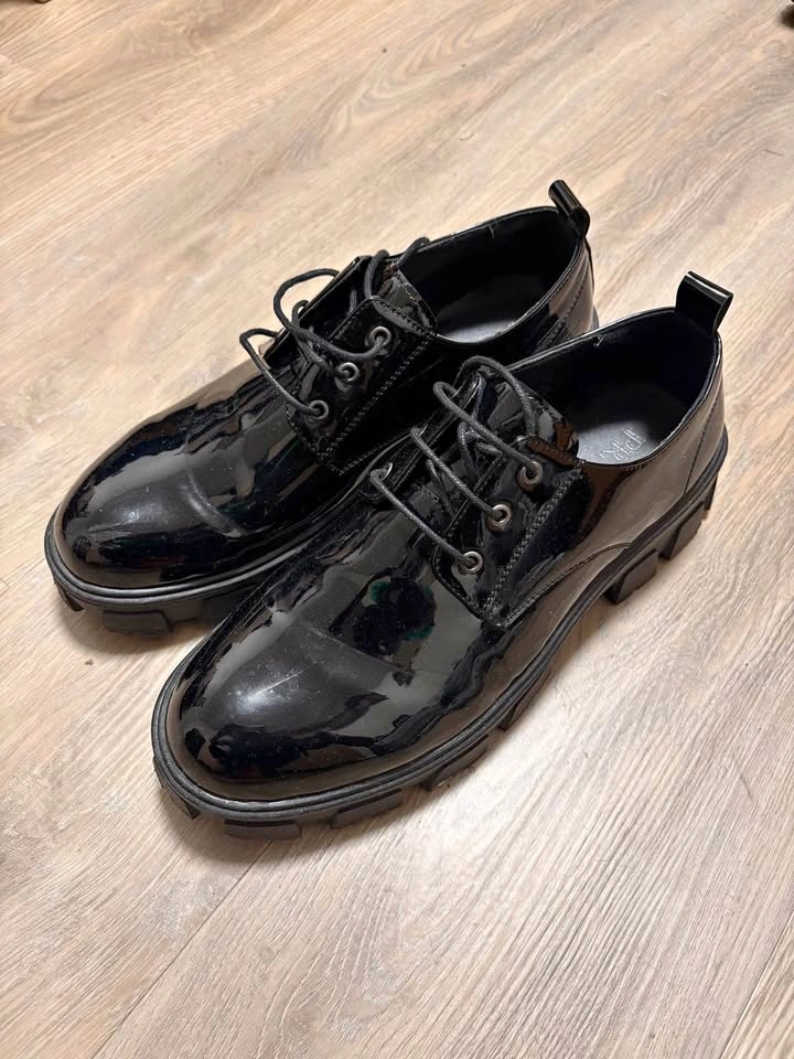 Men's Black Patent Leather Chunky Platform Derbys - Size 10
