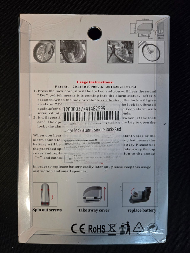 Loud 110dB Alarm Disc Lock Anti-Theft Motorcycle/Bike Lock - photo 2