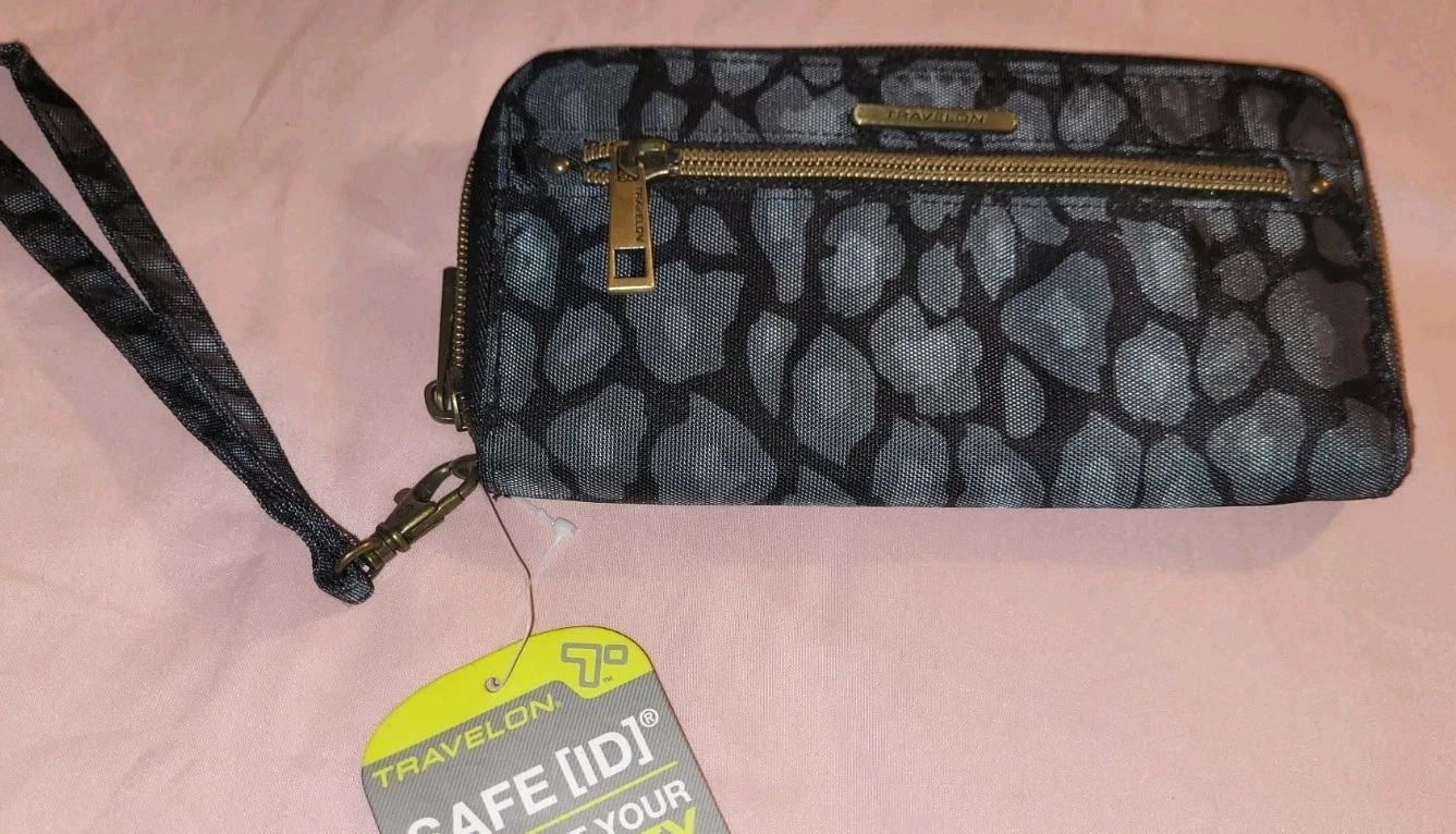 Travelon Animal Print Zip-Around Organizer Wallet Black Gray Blu