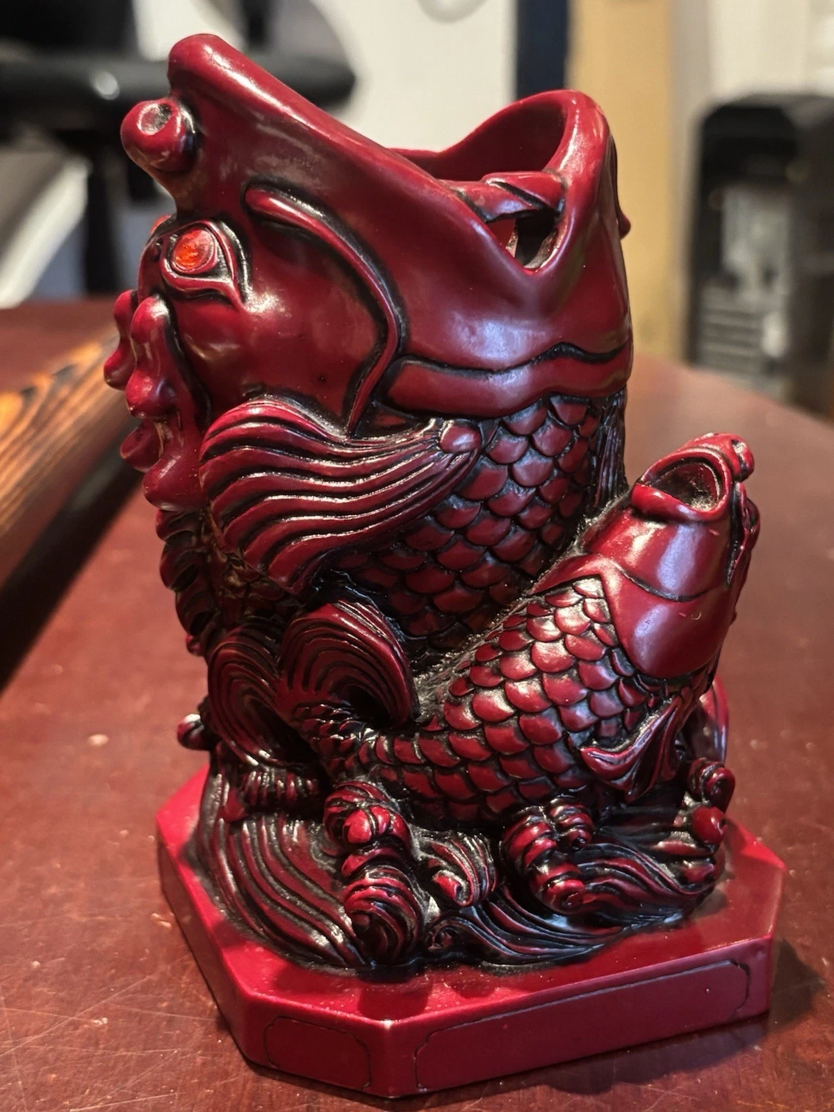 Red Glazed Ceramic Koi Dragon Fish Vase Figurine - Feng Shui
