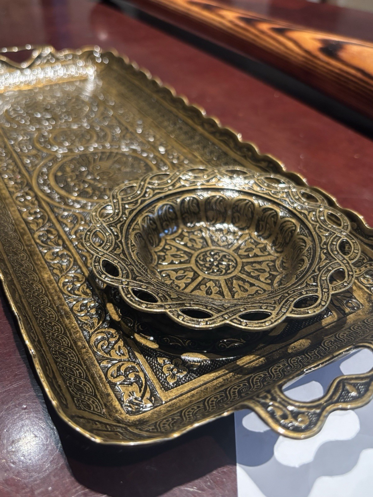 Ornate Turkish Brass Tray with Bowl Set