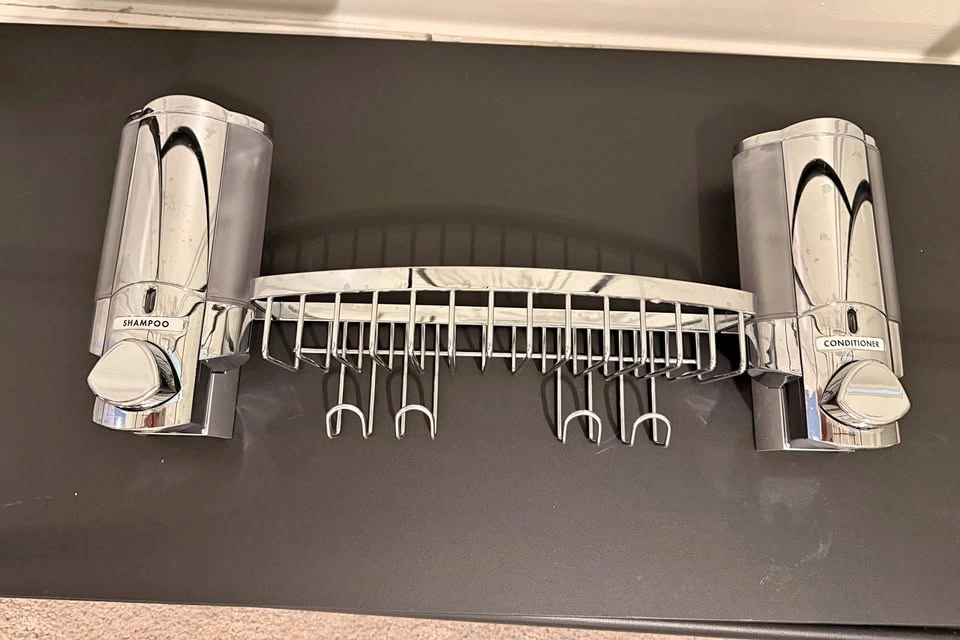 Wall mounted shampoo/conditioner dispenser and shower caddy