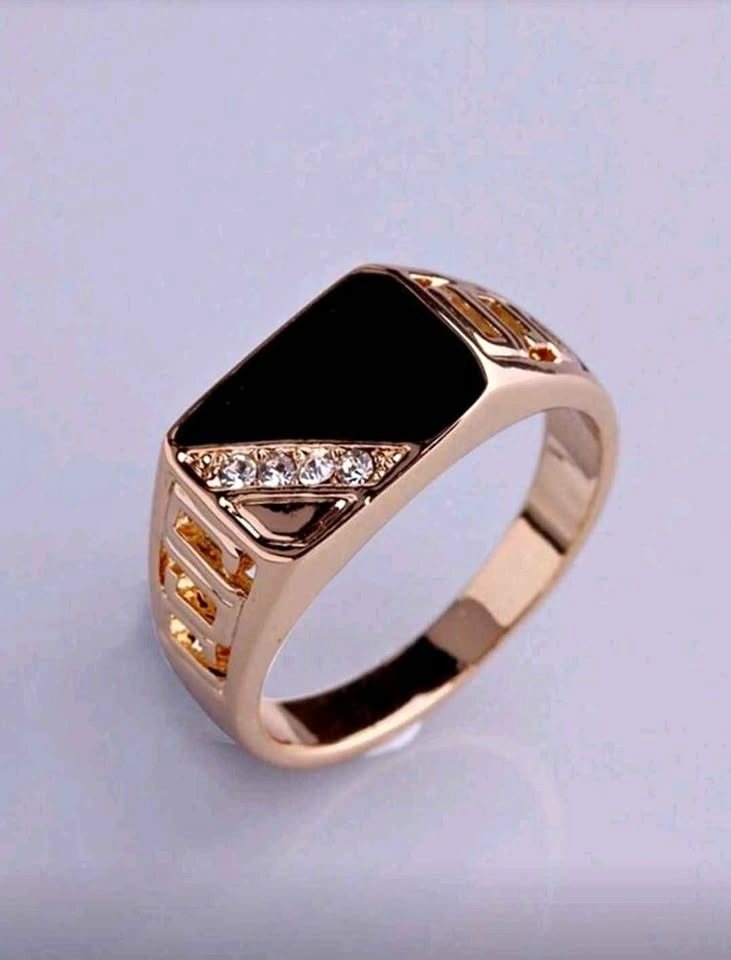 Men's Rose Gold Tone Ring Black Inlay Clear Stones