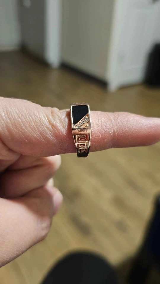 Men's Rose Gold Tone Ring Black Inlay Clear Stones - photo 2
