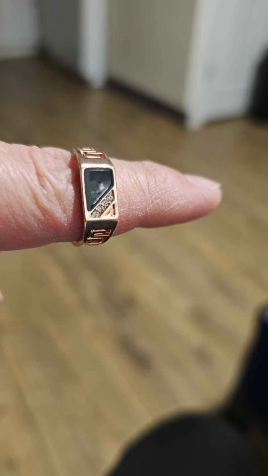 Men's Rose Gold Tone Ring Black Inlay Clear Stones - photo 3
