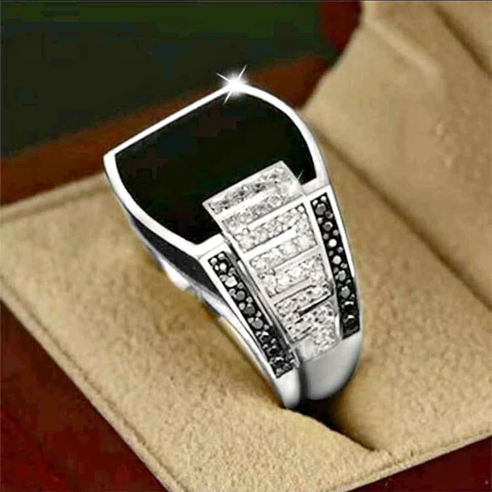 Elegant Men's Ring with Artificial Diamonds and Black Finish